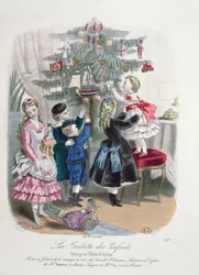 Decorating the Christmas Tree, Advertisement for La Toilette des Enfants, Engraved by P. Derfermeville